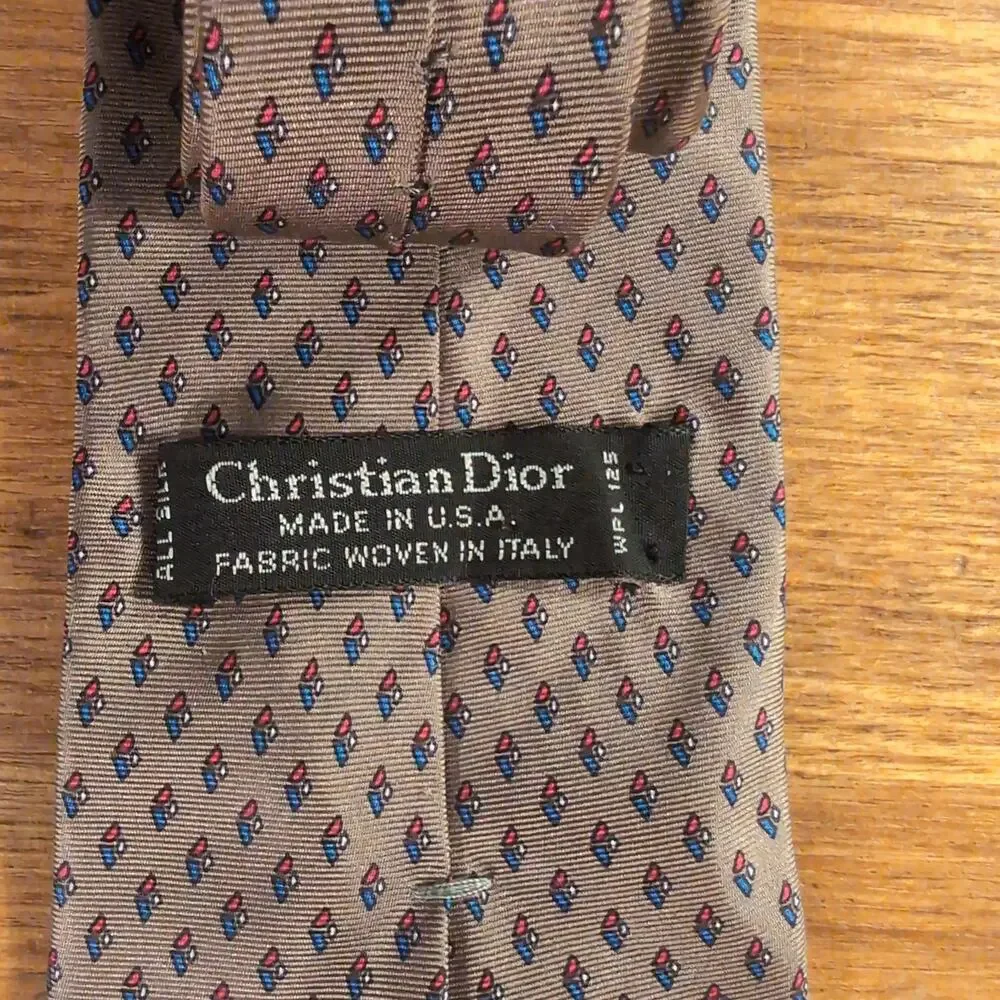 Christian Dior Tie Mens One Size Beige Geometric Silk Woven Necktie Classic